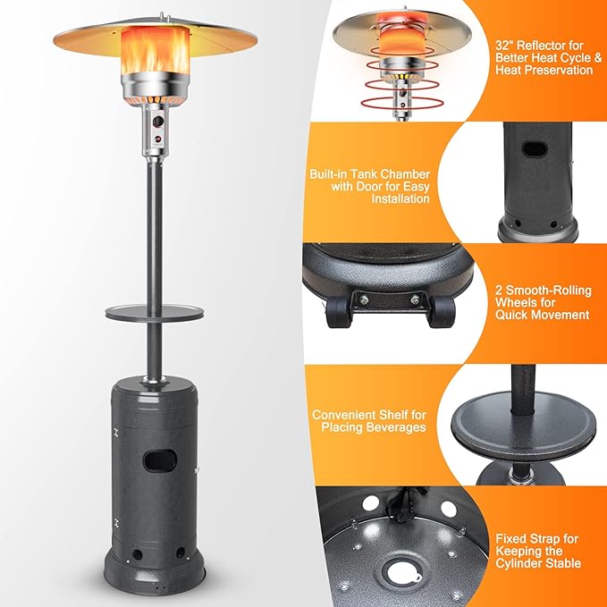 Giantex Outdoor Propane Heater, 50000 BTU Standing Gas Heater w/Shelf Tabletop & Wheels, Tip-Over Protection & Auto Shut Off, CSA Certified, Portable Patio Heater for Home & Commercial Use (Grey)