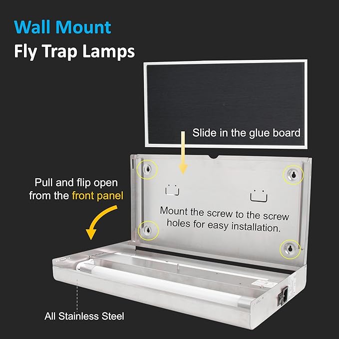 Awoco 12W LED Stainless Steel 100V-240V Wall Mount Sticky Fly Trap Lamp for Capturing Flies, Mosquitoes, Moths and Flying Insects, Perfect for Home, Restaurants, Warehouses (with 6 Glue Boards)