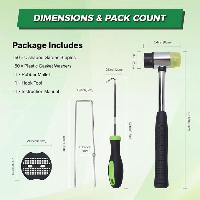 200Pcs Landscape Staples 6 Inch+200Pcs Gasket+Pick Hook+Rubber Mallet, Garden Stakes Staples 11 Gauge U Shaped Galvanized Landscape Pins Yard Ground Pin for Weed Barrier Sod Fabric Decoration