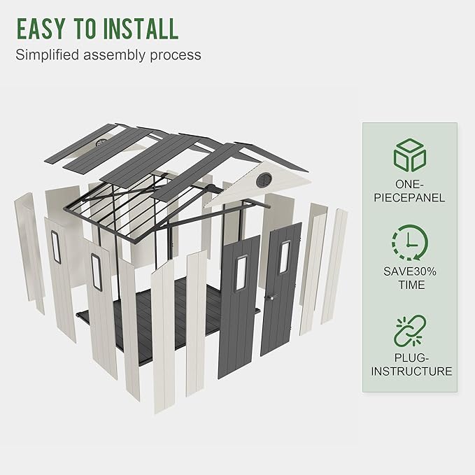 8' x 6' Outdoor Resin Storage Shed with Floor,Galvanized Metal Waterproof Garden Shed with Lockable Door, Windows, Vents, Plastic Tool, Bike Storage for Patio Furniture, Lawn Mower