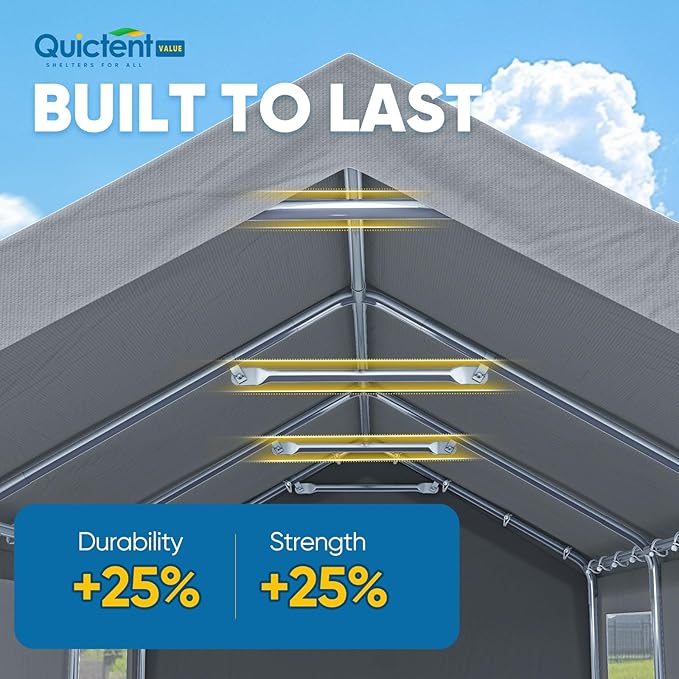 Quictent 12x20 ft Heavy Duty Carport Canopy Galvanized Car Tent Outdoor Garage Boat Shelter with Reinforced Structure with Roll-up Ventilated Windows Sidewall - Gray