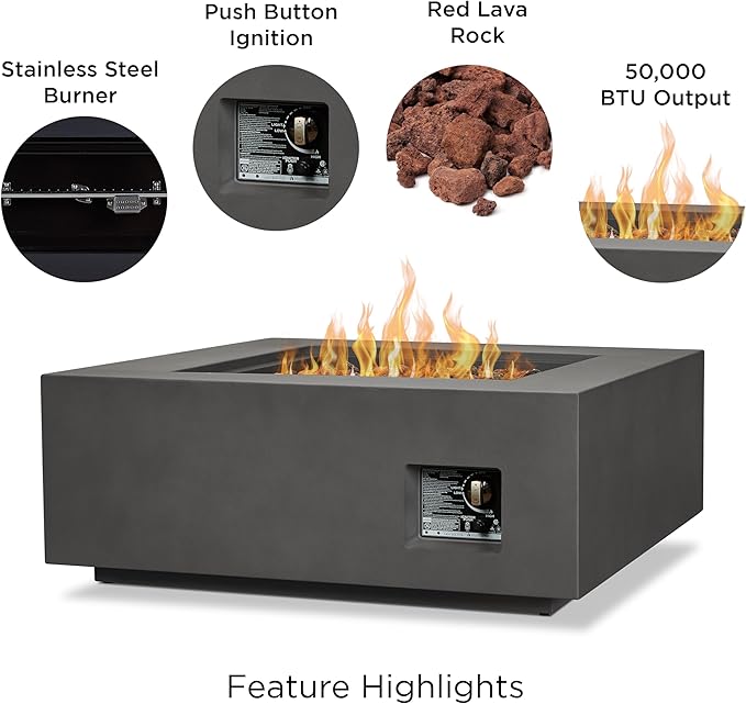 Real Flame Aegean 36”in Square Propane or Natural Gas Fire Pit Table, 50,000 BTU, Powder-Coated Steel, Push-Button Ignition, CSA Certified, Lava Rock, Storage Cover, Stainless Steel Burner with Lid