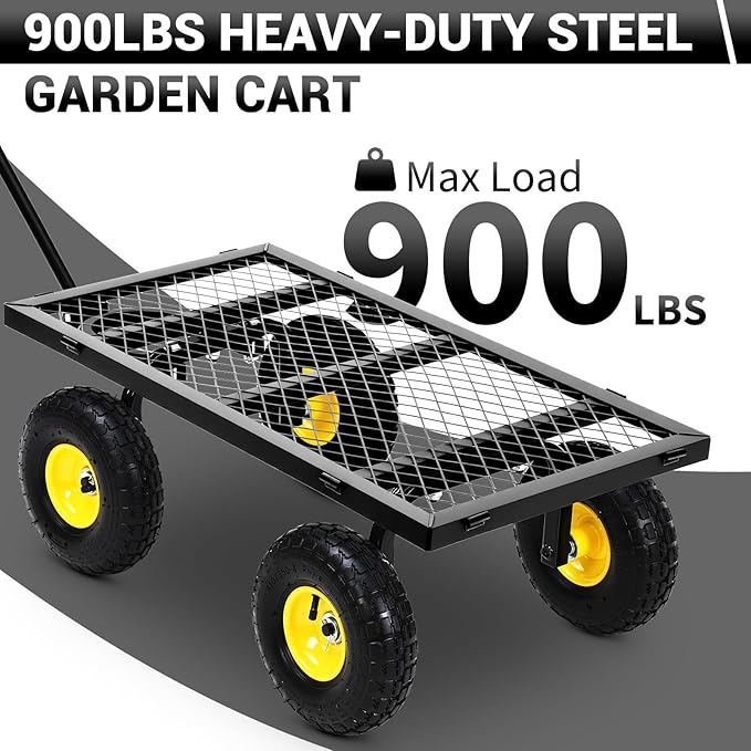 Heavy Duty Steel Garden Cart, 900 LBS 3 in 1 Pullable Metal Garden Wagon with 10" Wheels, 180° Rotating Handle and Removable Sides for Farm, Yard