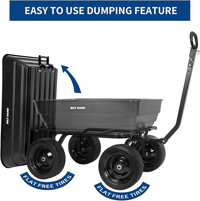 BILT HARD 1200 lbs Poly Garden Dump Cart with No Flat Tires, Quick Release, 2-in-1 Convertible Handle, 7 Cu Ft Dump Wagon Heavy Duty for Yard, Outdoor