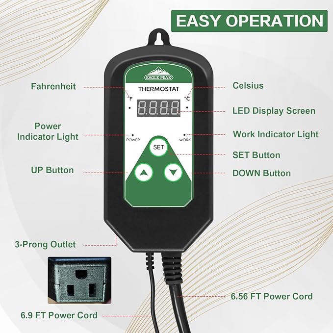 EAGLE PEAK Digital Heat Mat Thermostat Controller 42–108 °F for Heat Mat, Greenhouse, Heater Fan, Seedling, Germination, Fermentation and Reptiles, 15A/1800W