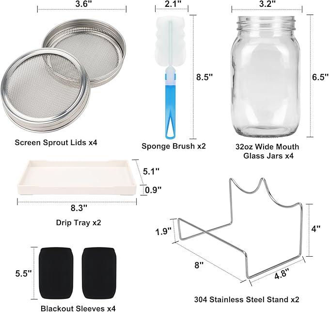 Lulonpon Sprouting Kit, 4 Sprouting Jar Kits, Wide Mouth Quart Mason Jars with Stainless Steel Screen Sprout Lids,1000ml Sprouts Growing Kit, Seed Sprouter Set for Growing Broccoli, Bean, Alfalfa 