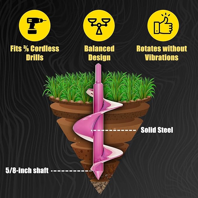 Power Planter Bulb Auger & Bedding Plant Tool - 3"x7" Garden Drill Bit with 3/8" Non-Slip Hex Drive, Hand-Welded Planting Tool, Up to 6" Deep, Pink
