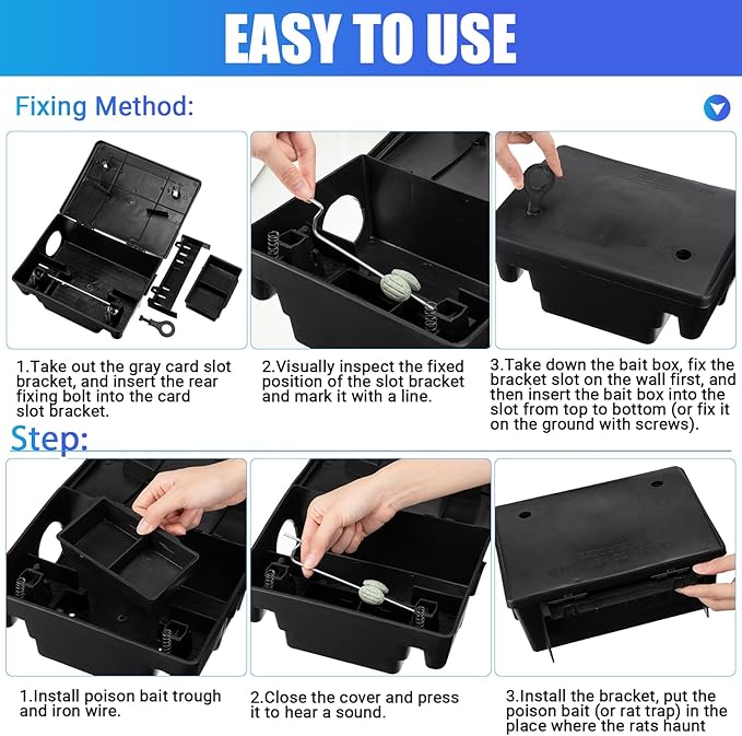 Qualirey Rat Bait Stations Large Rodent with Key Reusable Mouse Stations Mice Blocks Heavy Duty Boxes for Outdoor Rodents Mice Blocks, Bait Not Included(Black,4 Pack)