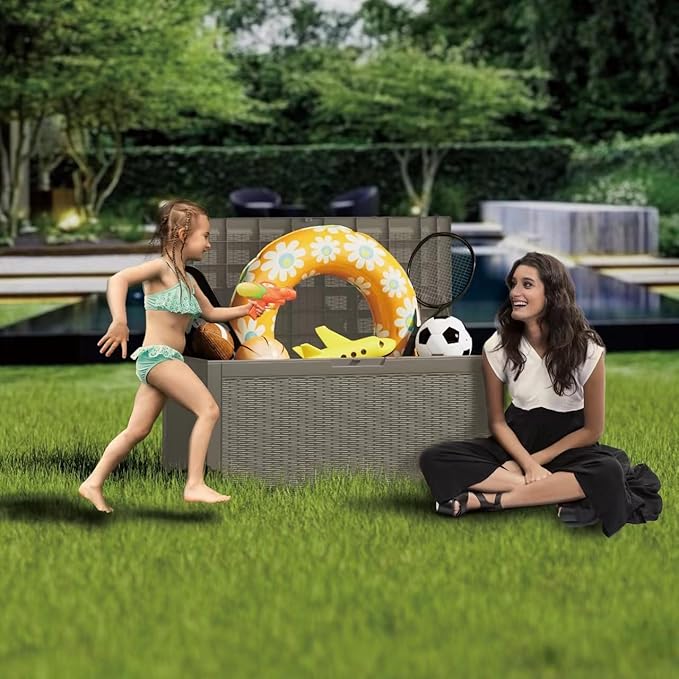 100 Gallon Waterproof Large Resin Deck Box Indoor/Outdoor Lockable Storage Container and Seating for Garden, Pool, and Patio (100 Gallon, Grey)