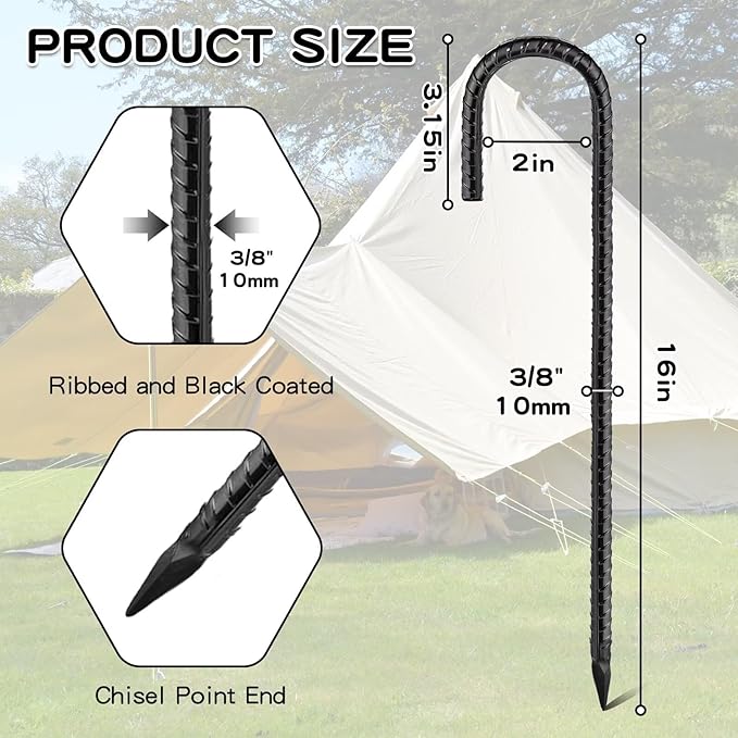 Black Rebar Stakes 16inx10mm Galvanized J Hook 10pcs – Heavy Duty Ground Tent Stakes for Fence,Bounce House,Outdoor Plants,Artificial Turf,Dog Coop,Metal Stakes for Christmas Decorations