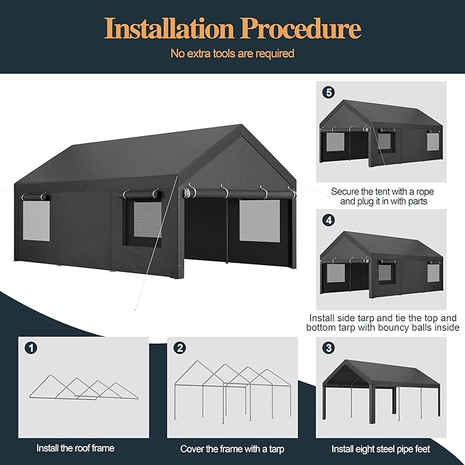 Shintenchi Carport 10' x 20' Heavy Duty Portable Garage, Car Port Canopy with Side-Opening Removable Door & Roll-Up Windows, Car Canopy for Truck,Car,Boat,Motorcycle,Grey
