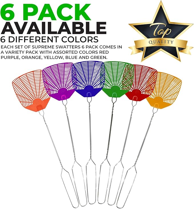 Supreme Bug & Fly Swatter 6-Pack – Braided Metal Handle 6 Pack Fly Swatters, Multi Pack Colors, – for Indoor/Outdoor – Flyswatter