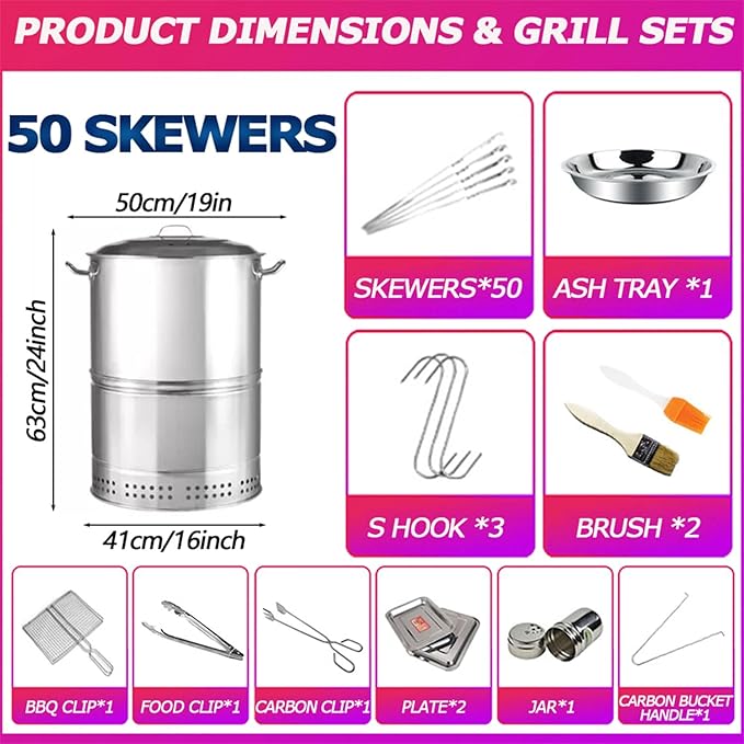 Large Portable Charcoal Grills, Stainless Charcoal BBQ Grill Barrel 360° Smokeless Outdoor Barbecue Grill for Travel, Outdoor Cooking and BBQ, Camping Grill Picnic Patio Backyard