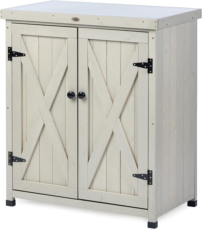 Outdoor Storage Cabinets Weatherproof for Patio, Garden Work Bench with Shelves & Metal Tabletop, Wooden Potting Table Workstation