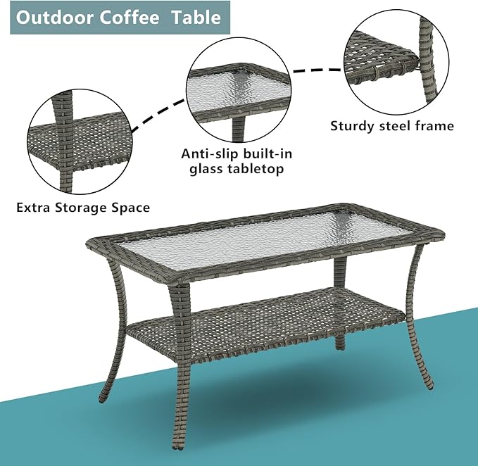 Wicker Outdoor Patio Furniture Set - 6 Piece Patio Conversation Sets with Swivel Rocker Chairs, Ottomans, Sofa and Table, 6 inch Cushions, Deep Seating, for Porch Deck Mixed Grey/Blue