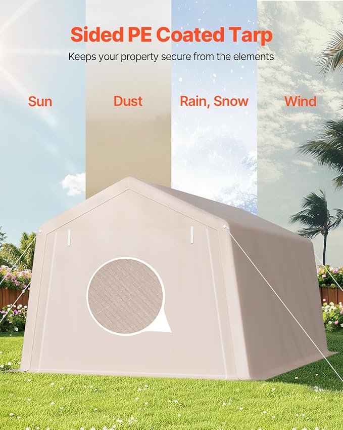 VEVOR Outdoor Storage Shed, 10 x 15 ft Portable Storage Tent with Roll-up Door & Vents, Waterproof Canopy Shed Shelter, Heavy Duty Frame, Patio Garage Carport for Motorcycle, Lawn Mower, Bike, Beige