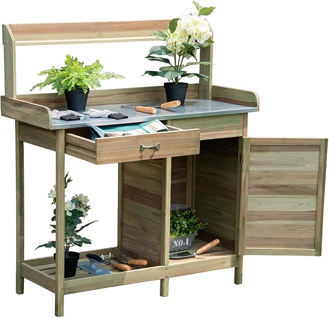 Giantex Potting Bench Table for Outside Natural Wood Garden Plant Lawn Patio Table Storage Shelf Metal Tabletop Outdoor Workstation Flower Pot Bench (Natural Fir w/Cabinet)