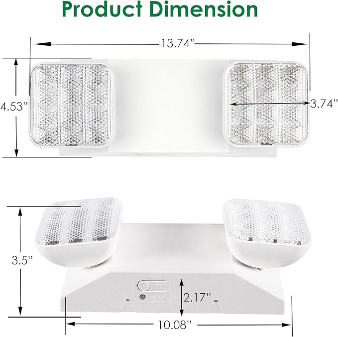 GRUENLICH LED Emergency Light, Exit Lighting Fixtures with Two LED Heads and Back-Up Batteries, UL 924 Qualified, 120/277 Voltage, 4-Pack