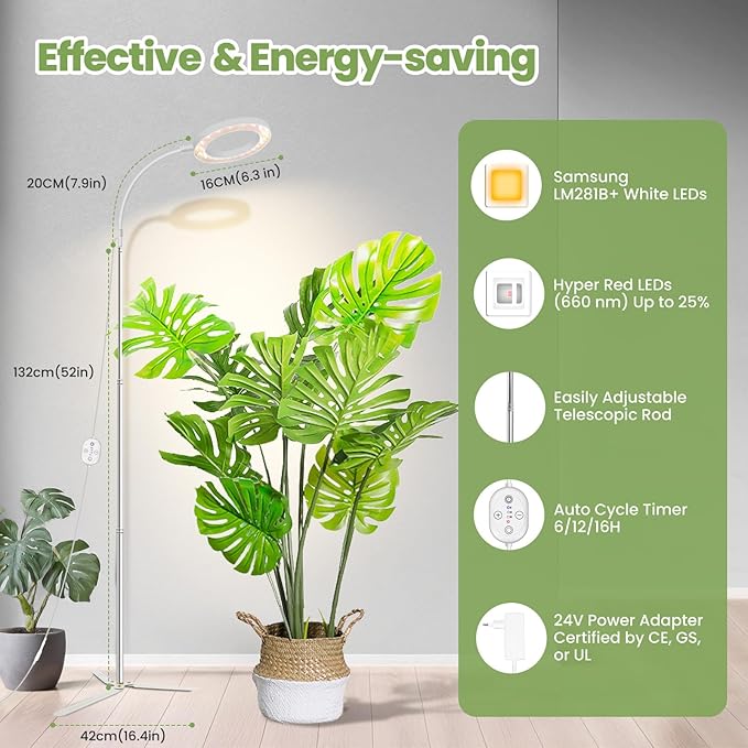 24V Plant Lights for Indoor Growing, LM281B+660nm Grow Lights for Seed Starting, 6.3" LED Grow Lights for seedlings,3 in 1(Floor, Desktop, Inserted into The Soil), 18W 290umol/s/m²@Dist:6in