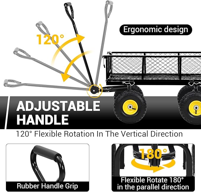 Heavy Duty Steel Garden Cart, 550 LBS 3 in 1 Pullable Metal Garden Wagon with 10" Wheels, 180° Rotating Handle and Removable Sides for Farm, Yard