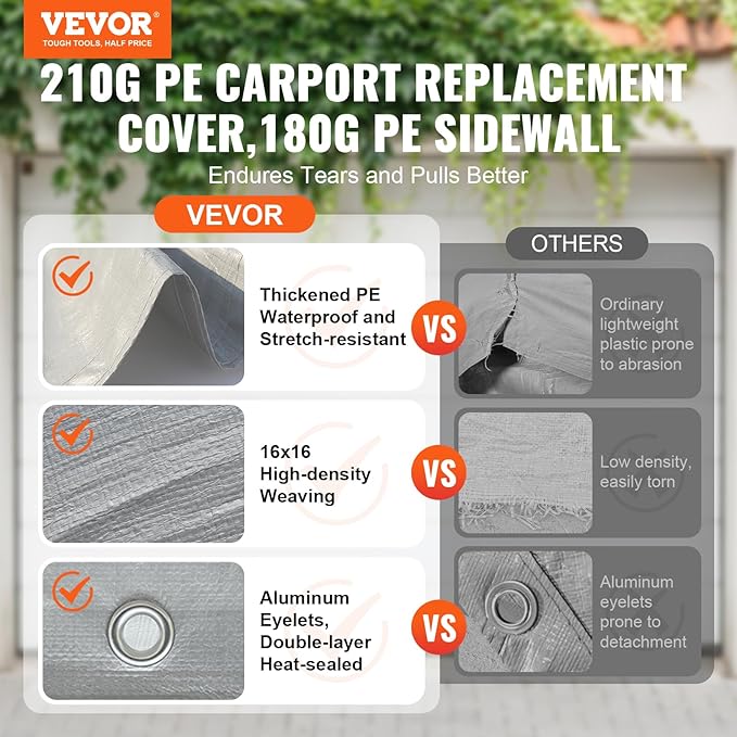 VEVOR Carport Replacement Canopy Cover Top + Side Wall 13 x 20 ft, Garage Tent Shelter Tarp Heavy-Duty Waterproof & UV Protected, Easy Installation with Ball Bungees,Grey (Frame Not Included)