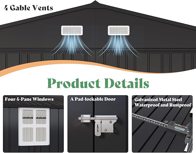 AMERLIFE 13x21x8.4 FT Outdoor Metal Garage Shed, Extra Large Storage Shed with Double Hinged Doors, 4 Windows, Carport for Car, Truck, Bicycle and Lawn Equipment, Dark Gray