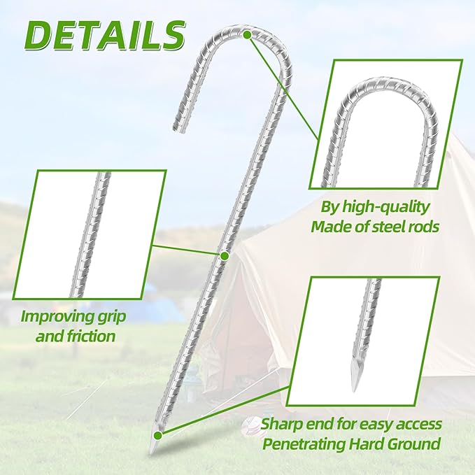 Rebar Stakes 16inx10mm Galvanized J Hook 10pcs – Heavy Duty Ground Tent Stakes for Fence,Bounce House,Outdoor Plants,Artificial Turf,Dog Coop,Metal Stakes for Christmas Decorations