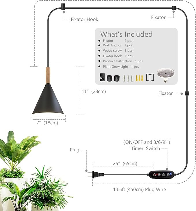 Hanging Grow Lights for Indoor Plants,Pendant Plant Lights for Indoor Growing,15W Full Spectrum, with Timer and 15FT Power Cord, Hanging Grow Light,Large Tall Plant Greenhouse (Black)