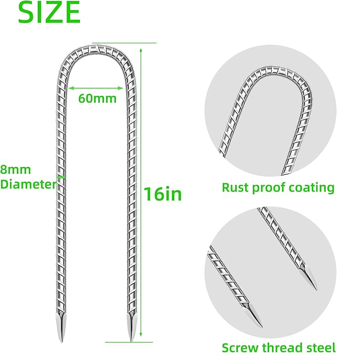 10 Pack Ground Garden Rebar Stakes Rebar 12 Inch Anti-Rust Galvanized Steel U Shape Hook Heavy Duty Ground Anchors for Tents, Position Kits,Fences, and Trampolines Landscape Fabric
