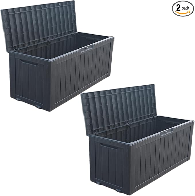 BTEXPERT 75 Gallon Resin Deck Box, Outdoor Storage Container for Patio Furniture Garden Tools Cushions Pool Sports Equipment Waterproof Lockable Stainless Steel insert UV Resistant Set of 2