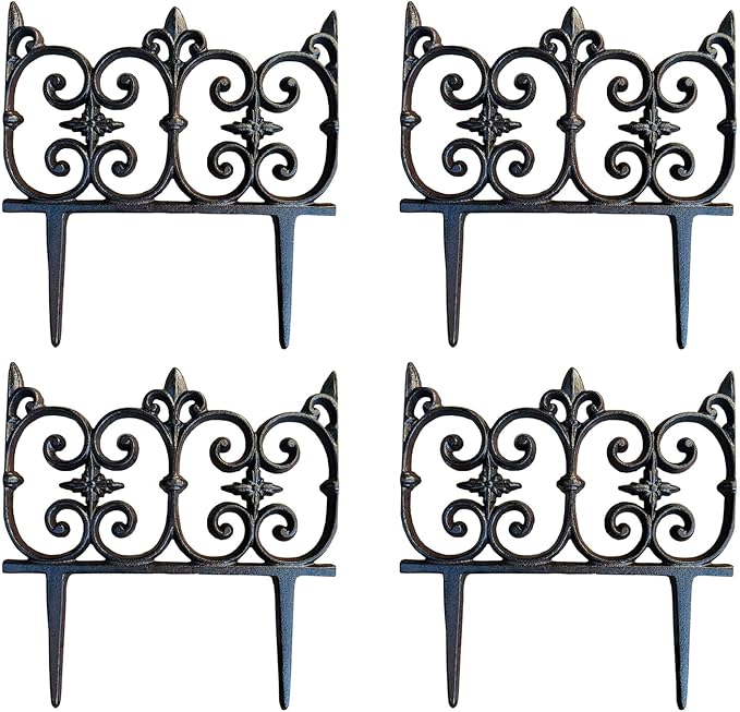Ornate Cast Iron Garden Edging Fence(10.5" Tall) - 4 Pack Heavy Duty Metal Border for Lawn, Patio & Landscaping HC8308