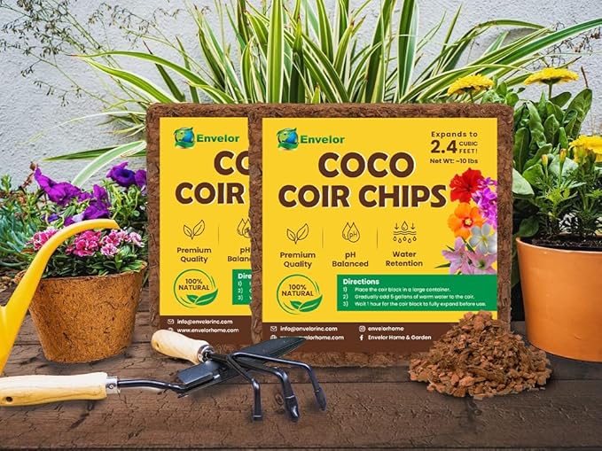 Coco Coir Husk Chips 4-Pack – 2.4 Cu. Ft. Compressed Coconut Coir Bricks, 10 lb. Natural Substrate for Indoor & Outdoor Use, Orchid Bark Alternative, Orchid Potting Mix, Indoor Plant Soil