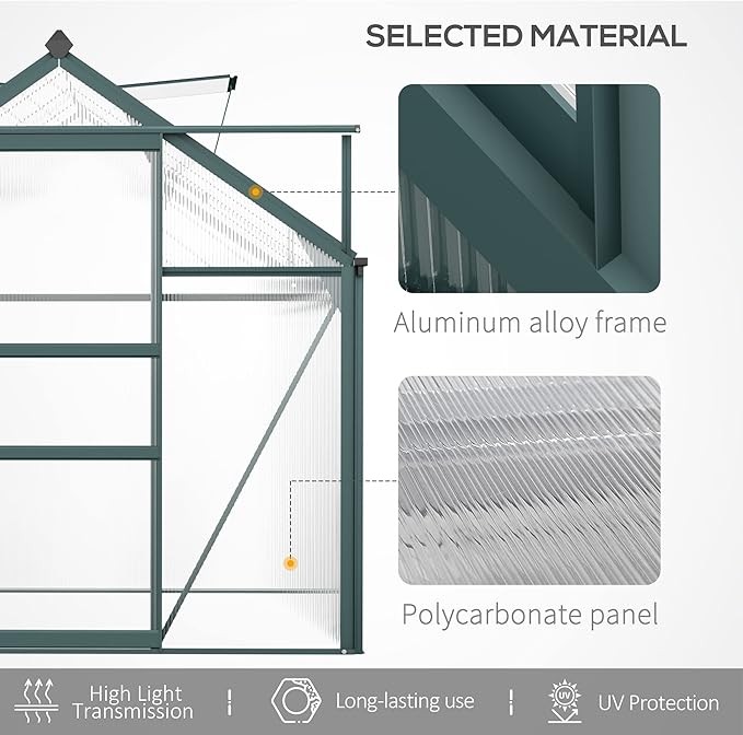 Outsunny 6' x 10' Greenhouse for Outdoors, Polycarbonate Greenhouse with Rain Gutter and Roof Vent, Aluminum Walk-in Green Houses for Outside for Patio Backyard Garden, Dark Green
