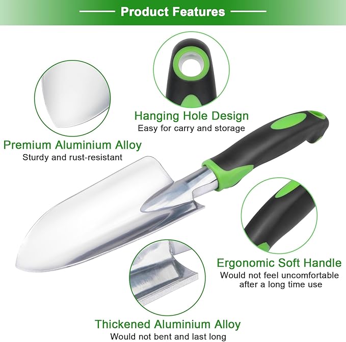 Garden Shovel Hand Trowel, Heavy Duty Hand Shovel with Ergonomic Handle,Garden Shovels for Digging, Rust Resistant Garden Spade Garden Tools for Garden Work, Green