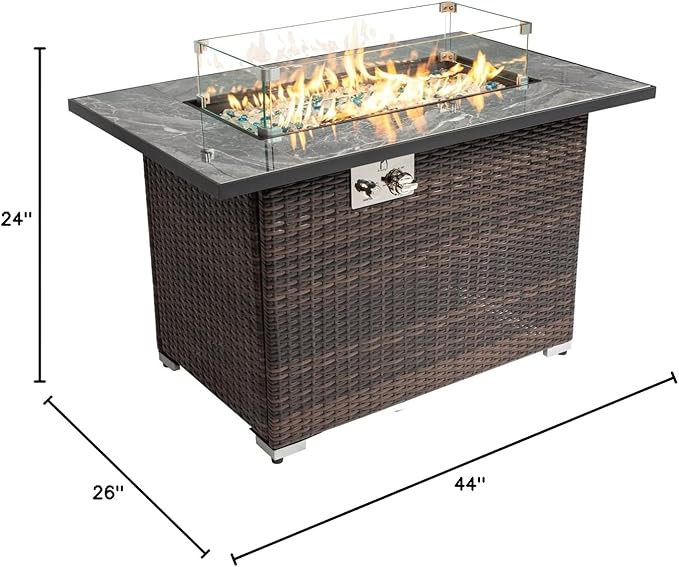 44in Outdoor Propane Gas Fire Pit Table, 50,000 BTU Auto-Ignition Gas Firepit with Glass Wind Guard, Marble Tile Tabletop, Mixed Color Glass Rocks, Brown PE Rattanā¦