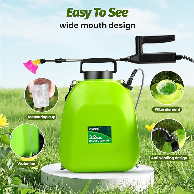 Battery Powered Backpack Sprayer 3 Gallon, Electric Lawn & Garden Sprayer with 4 Nozzles, 3 Modes, USB Rechargeable, Portable Yard Sprayer for Weed Killer, Fertilizer, Cleaning, Watering
