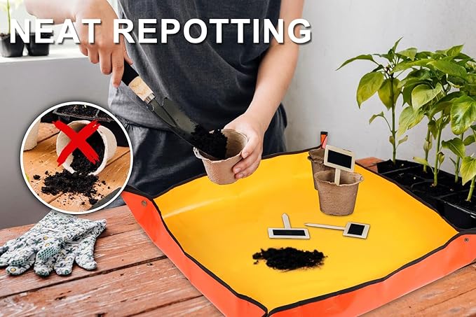 Azureblue Plant Repotting Mat for Indoor Plants Potting Soil, Foldable Waterproof Plant Repotting/Potting Tray, Portable Potting Mat Gardening Tray for House Plants (Small 26.8 X 26.8 (Orange))