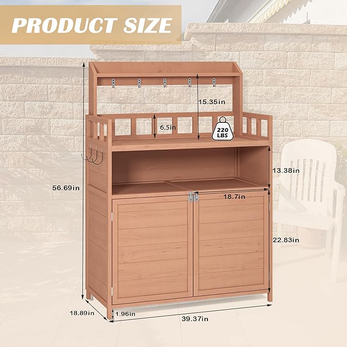 Outdoor Brown Wood Potting Bench - Spacious Gardening Table with Storage Cabinet & Top Shelf - Ideal for Planting and Organizing Your Garden!
