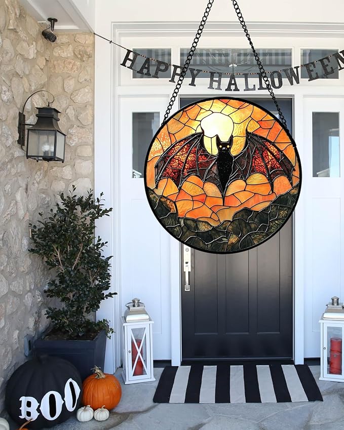Stained Glass Window Hanging, Black Bat Sun Catcher for Door Home Decor Animal Suncatcher Christmas Mother's Day Birthday Gifts for Women Men Mom and Nana 9.8 in