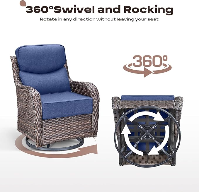 Outdoor Patio Swivel Rocker Chairs Set of 2, Waterproof Wicker, High Back, Deep Seating, Wide Armrest, Upgraded 6 inch Thick Cushions, Side Table, Ideal for Deck Porch Yard, Brown/Blue