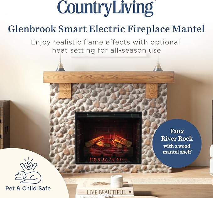 Country Living - Glenbrook Fireplace Mantel Package, 28β, Alexa/WiFi Enabled Fireplace Insert, Cast Stone River Rock Surround, 1500W