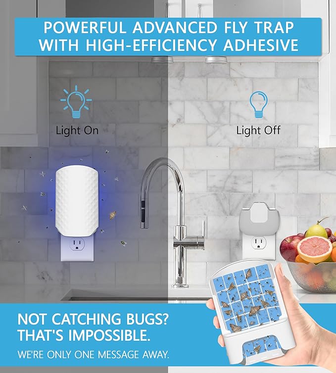Flying Insect Trap for Indoors, Bug Killer Light Trap for Fruit Flies, Gnats, Moths, and Houseflies, 1 Device + 4 Refills, Best Fly Traps for Home, Kitchen, Bedroom, Plant Area, Garages