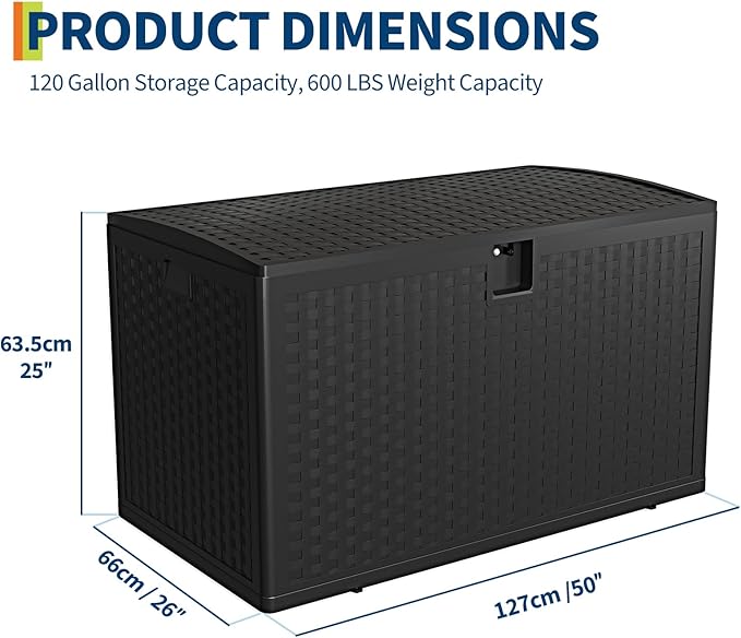 120 Gallon Outdoor Waterproof Storage Box Lockable Outdoor Storage Boxes Deck Storage Boxes for Package Delivery Deck Boxes for Patio Furniture, Garden, Tools - Rattan Black