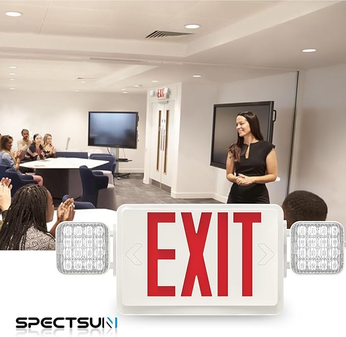 2 Packs LED Red Exit Sign Light Combo with Battery Backup, Red Exit Sign with Emergency Lights, LED Emergency Exit Light with Battery Backup, UL Listed, AC 120/277VC.