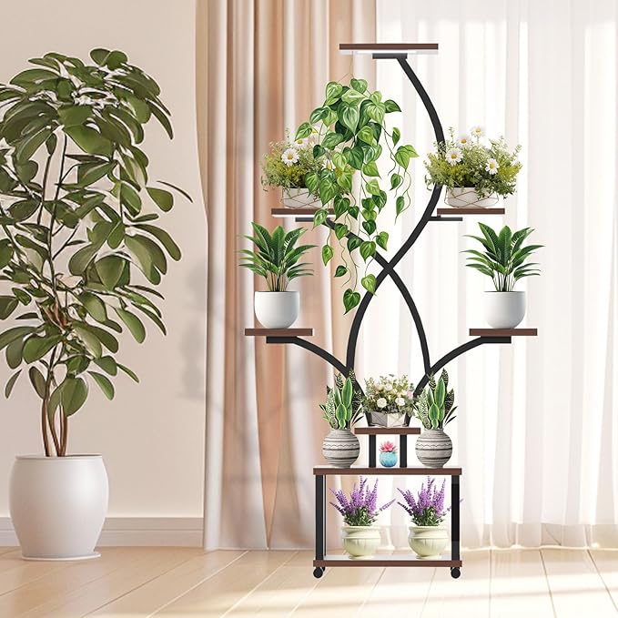 Indoor Plant Stand with Grow Lights ,Stylish S-Shaped Metal Rack for Multiple Indoor Plants ,8-Tiered Tall Plant Shelf for Home and Patio ,Perfect for Plant Lovers