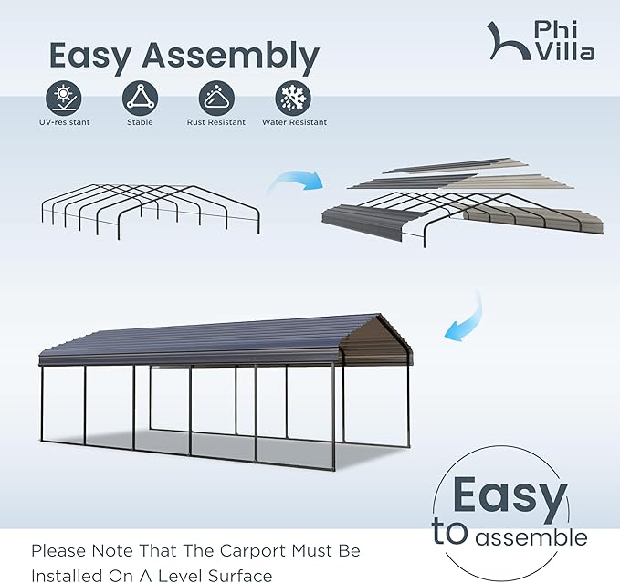 PHI VILLA 12 x 25 ft Heavy Duty Car Port with Galvanized Steel Roof with Sidewalls, Sturdy Metal Carport Kits for Cars, Boats, and Tractors