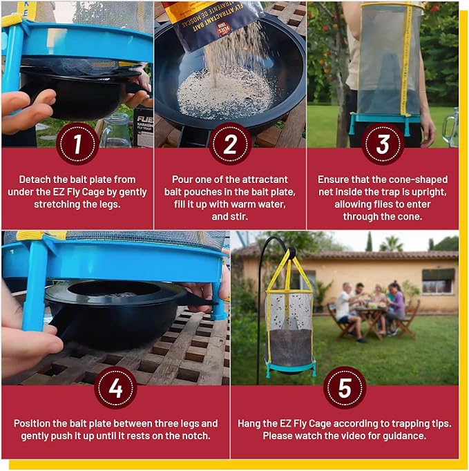 EZ Fly Cage Ranch Fly Trap with 2 Flies Inn Fly Attractant Bait Refill, Low Odor, Reusable, Built to Last for Years (6 Traps + 72 Baits, 1)
