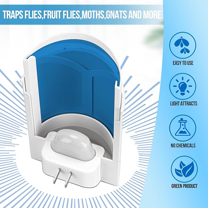Flying Insect Trap Indoor, Plug-in Fruit Fly Trap for Indoor, Mosquito Killer Gnat Moth Fly Catcher with Night UV Light, Mosquito Attractant Bug Zapper for Home, Office (1 x Device & 4 x Refills)