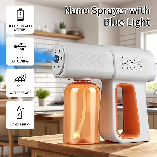 Disinfectant Sprayer Professional Disinfectant Fogger Machine, 380ml Wireless Nano Sprayer Gun Handheld Sanitizer Fogger, Blue Light Foggers for Touchless Sanitization (Orange)