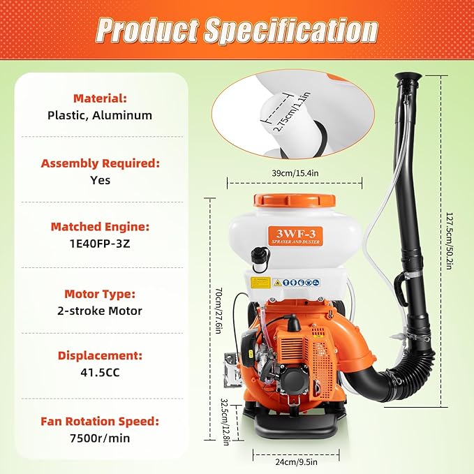Backpack Fogger Sprayer, 3.7 Gal Gas Backpack Sprayer, 41.5CC 2 Stroke Powder and Liquid Mist Duster, Agricultural Gas Sprayer Mosquito Blower Insecticide for Orchards, Gardens